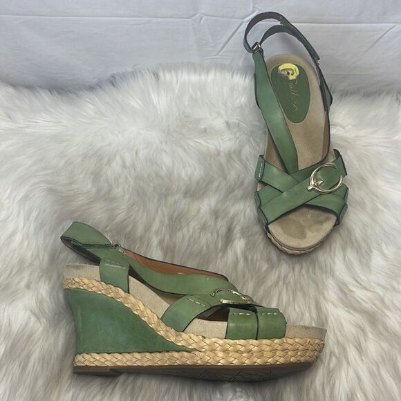 Earthies Sardinia Green Leather Strappy  Wedge Sandals Sz 9 - Picture 2 of 8